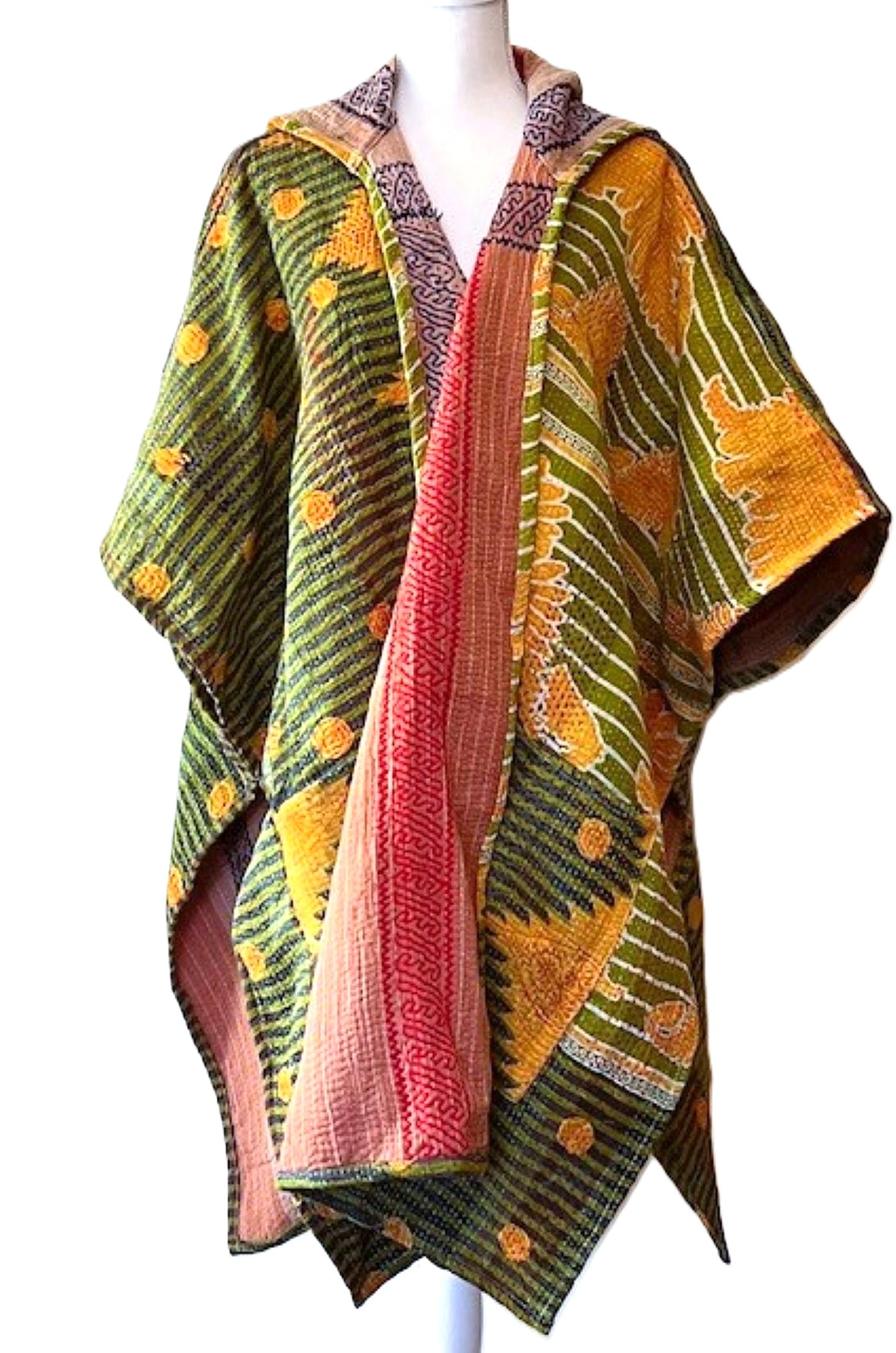 Kantha Bae Knee Length Poncho Coat -Green Field