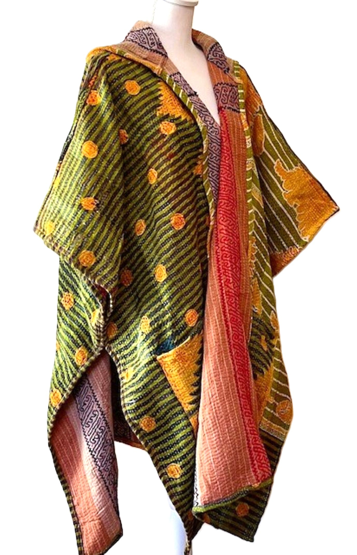 Kantha Bae Knee Length Poncho Coat -Green Field