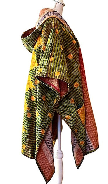 Kantha Bae Knee Length Poncho Coat -Green Field