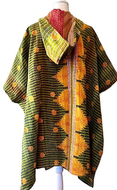 Kantha Bae Knee Length Poncho Coat -Green Field