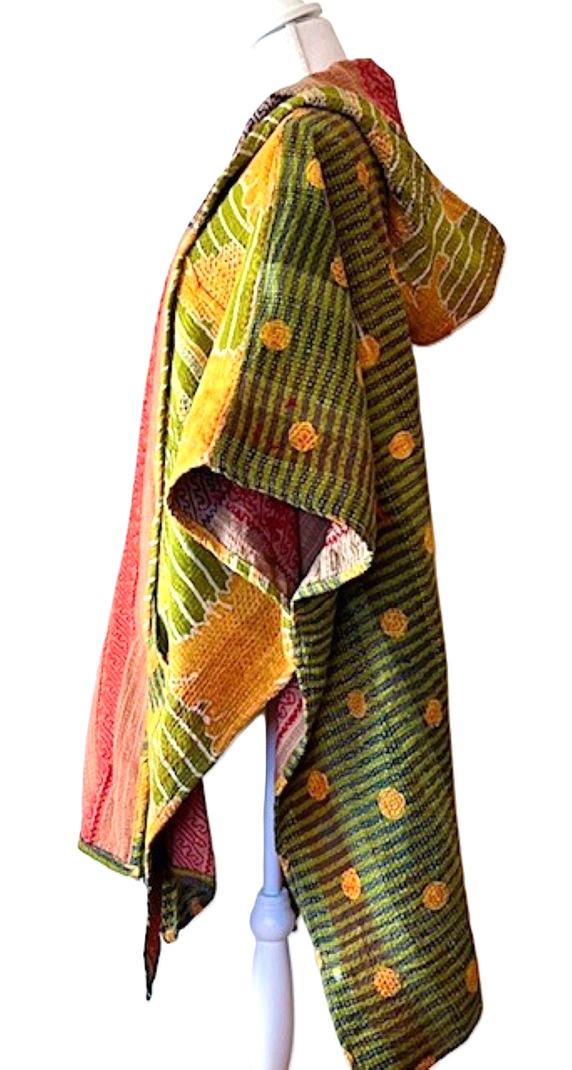 Kantha Bae Knee Length Poncho Coat -Green Field