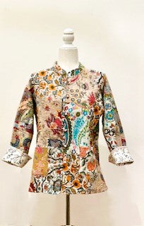Fully Reversible Silk and Cotton Patchwork Quilted Women's Jacket (Mixed Beige)