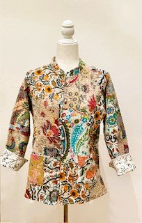 Fully Reversible Silk and Cotton Patchwork Quilted Women's Jacket (Mixed Beige)
