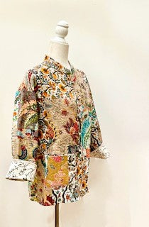 Fully Reversible Silk and Cotton Patchwork Quilted Women's Jacket (Mixed Beige)