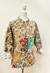 Fully Reversible Silk and Cotton Patchwork Quilted Women's Jacket (Mixed Beige)