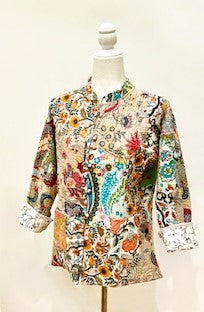 Fully Reversible Silk and Cotton Patchwork Quilted Women's Jacket (Mixed Beige)