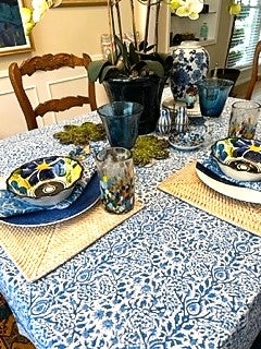 Block Print Set of Napkins and Tablecloth In a Lively New Blue and White Pattern (72 X 108)