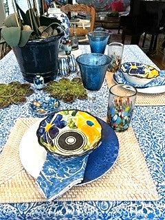 Block Print Set of Napkins and Tablecloth In a Lively New Blue and White Pattern (72 X 108)