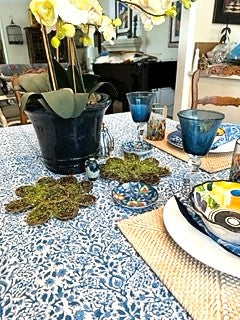 Block Print Set of Napkins and Tablecloth In a Lively New Blue and White Pattern (72 X 108)