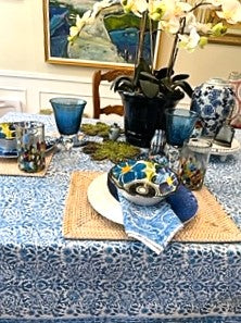 Block Print Set of Napkins and Tablecloth In a Lively New Blue and White Pattern (72 X 108)