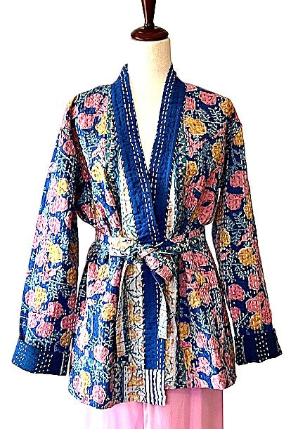 Short Cotton Kimono Jacket Is Fresh And Colorful. (Navy)