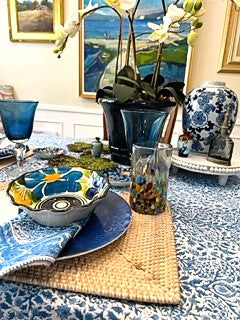 Block Print Set of Napkins and Tablecloth In a Lively New Blue and White Pattern (72 X 108)