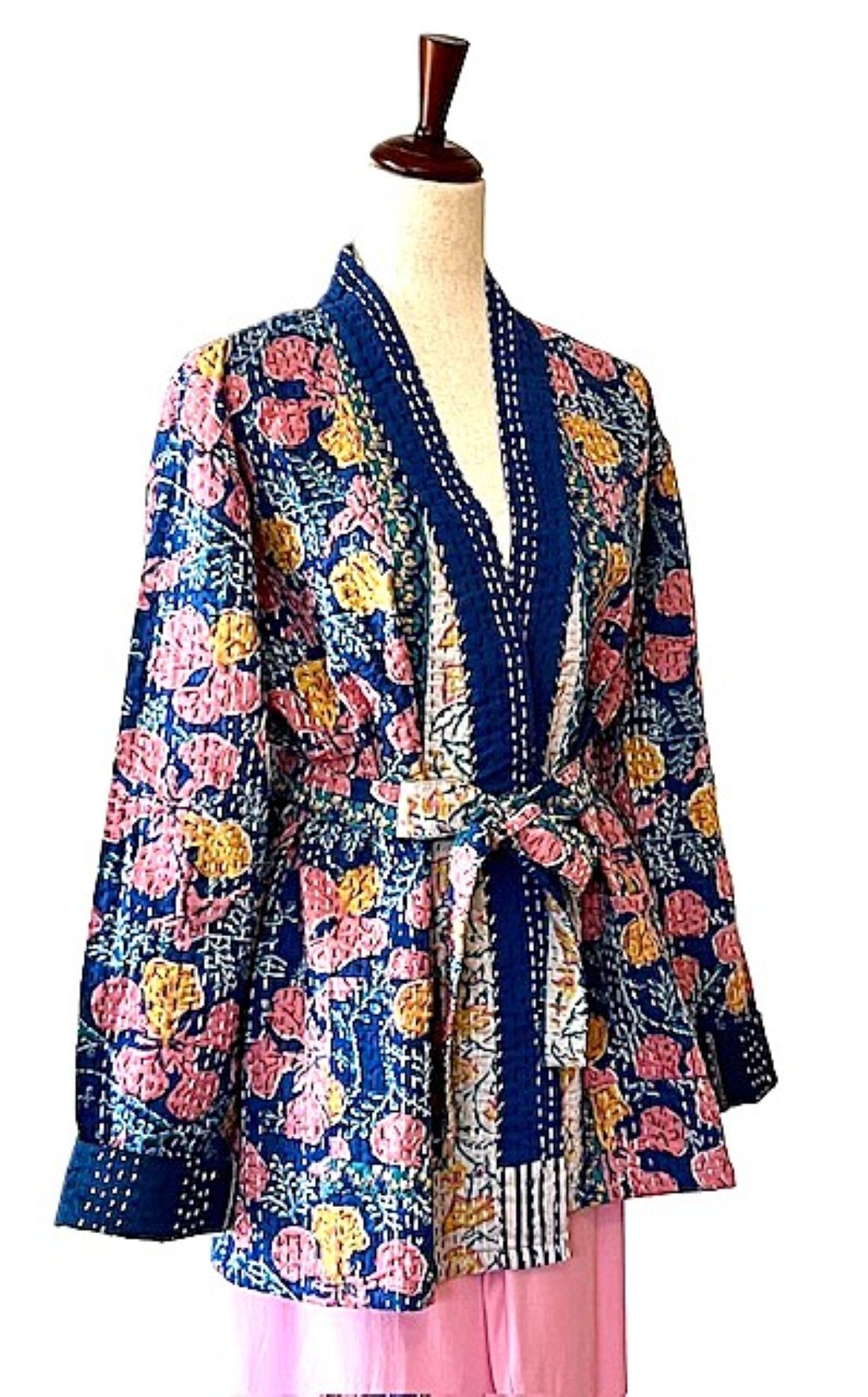 Short Cotton Kimono Jacket Is Fresh And Colorful. (Navy)