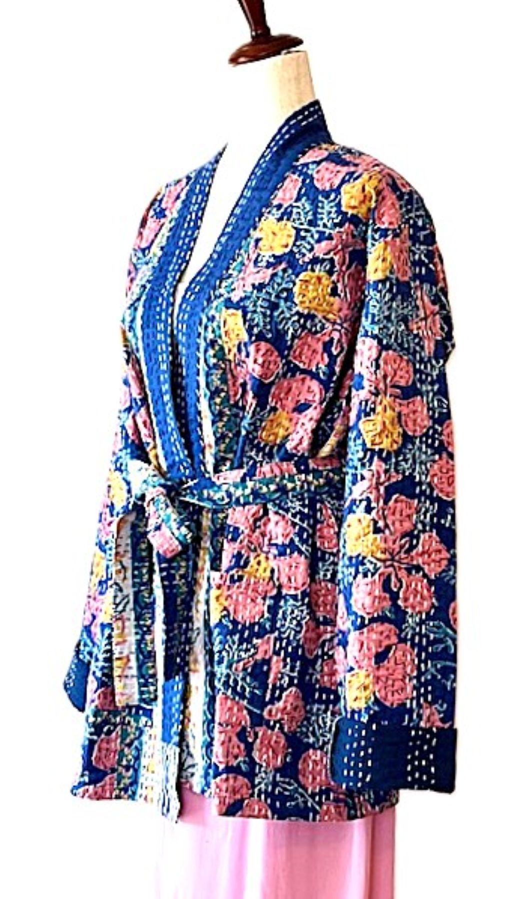 Short Cotton Kimono Jacket Is Fresh And Colorful. (Navy)