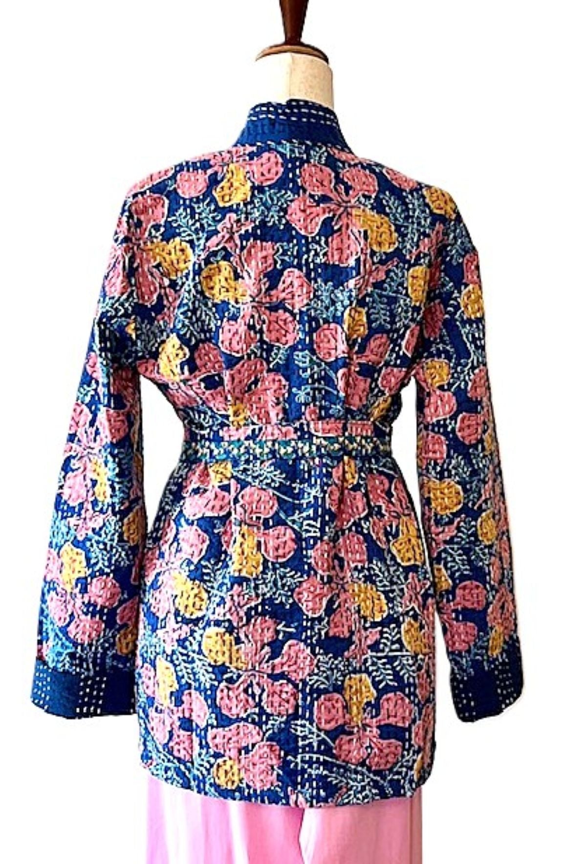 Short Cotton Kimono Jacket Is Fresh And Colorful. (Navy)