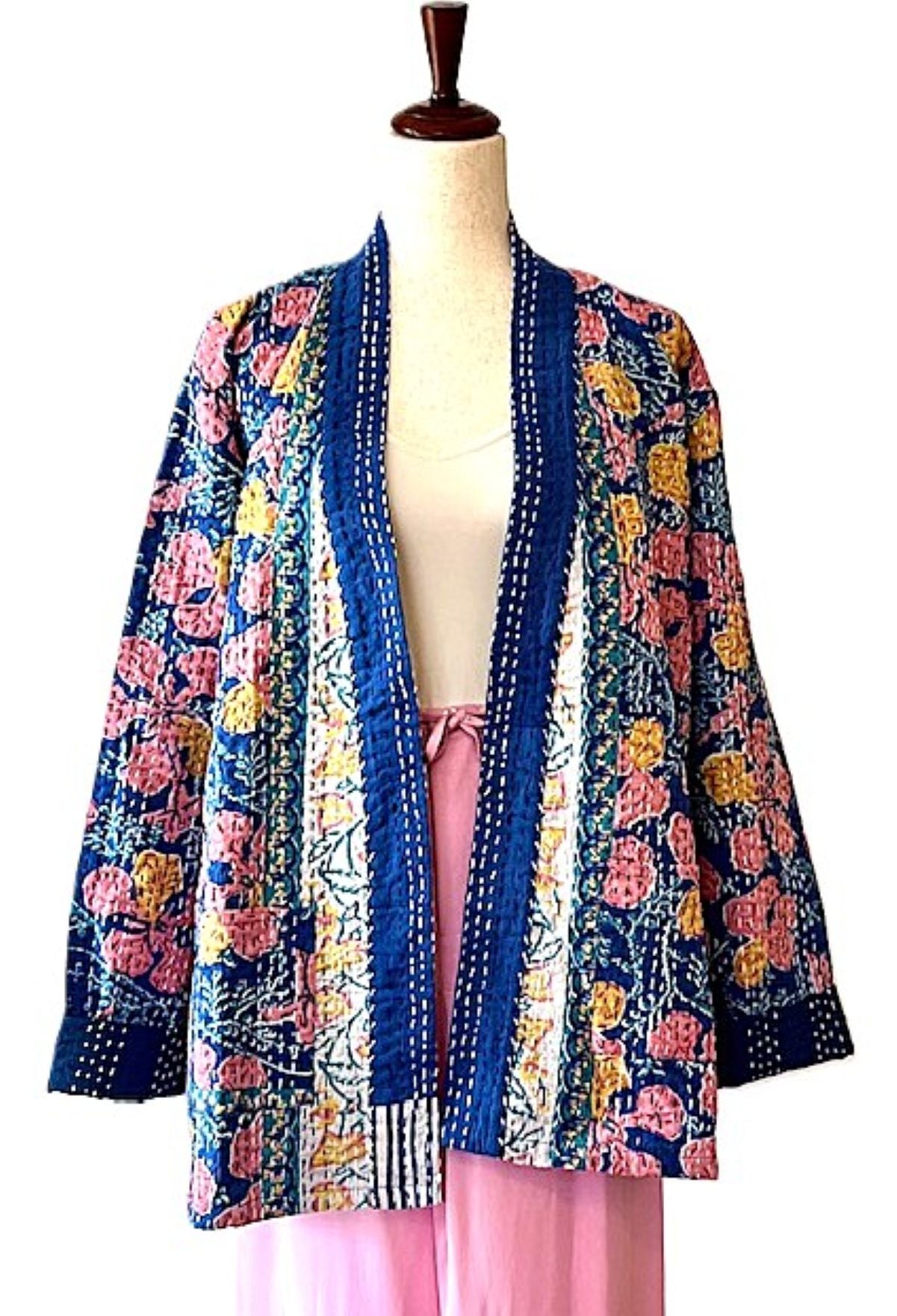 Short Cotton Kimono Jacket Is Fresh And Colorful. (Navy)