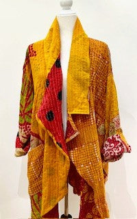 Oasis Cotton Cardigan With Kantha Embroidery (Gold and Red)