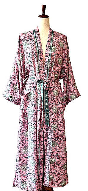 Luxurious Floral Print Silk Kimono Duster. (Pink)