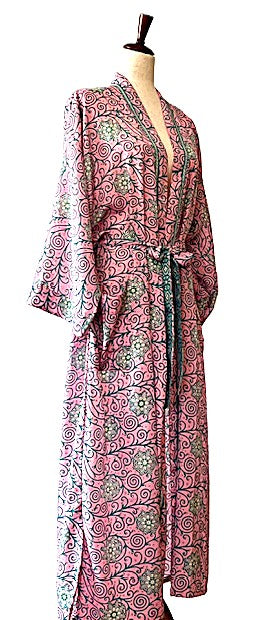 Luxurious Floral Print Silk Kimono Duster. (Pink)