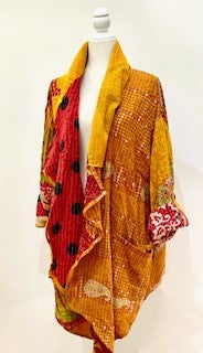 Oasis Cotton Cardigan With Kantha Embroidery (Gold and Red)
