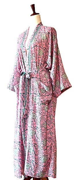 Luxurious Floral Print Silk Kimono Duster. (Pink)