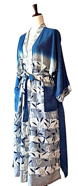Dramatic Abstract Silk Kimono Duster. (Navy)