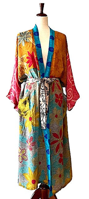 Luxurious Mixed Print Silk Kimono Duster. (Turquoise)
