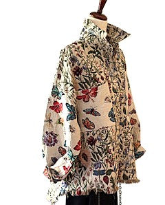 Floral Denim Jacket, Long Sleeve Over Shirt With A Frayed Hem.