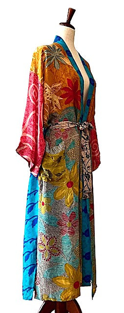 Luxurious Mixed Print Silk Kimono Duster. (Turquoise)