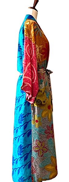 Luxurious Mixed Print Silk Kimono Duster. (Turquoise)
