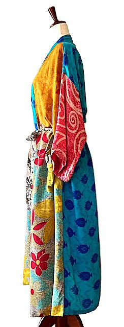 Luxurious Mixed Print Silk Kimono Duster. (Turquoise)