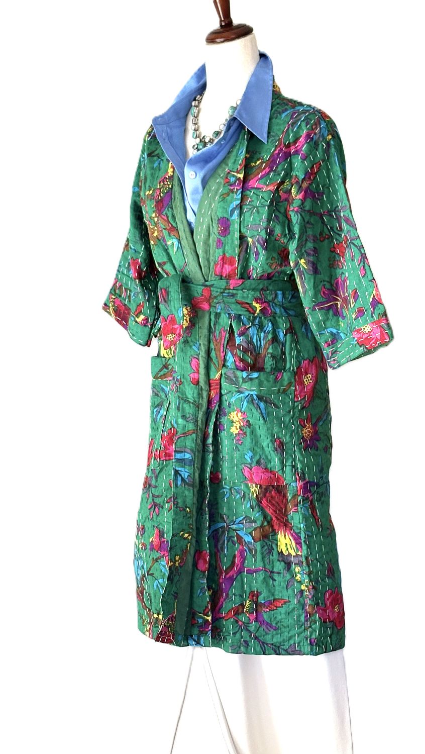 Floral Midi Cotton Kimono With Kantha Embroidery.(Green Multicolor)