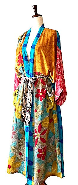 Luxurious Mixed Print Silk Kimono Duster. (Turquoise)