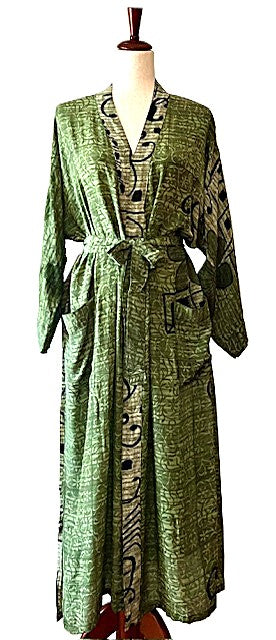 Luxurious Mixed Print Silk Kimono Duster. (Emerald)