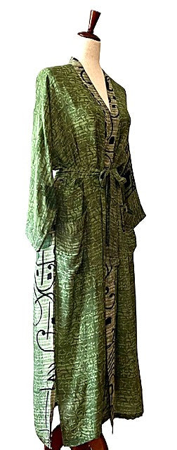 Luxurious Mixed Print Silk Kimono Duster. (Emerald)