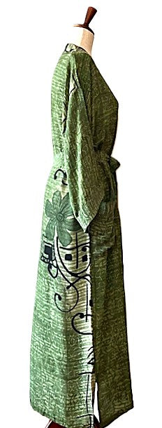 Luxurious Mixed Print Silk Kimono Duster. (Emerald)