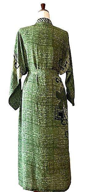 Luxurious Mixed Print Silk Kimono Duster. (Emerald)