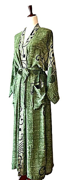 Luxurious Mixed Print Silk Kimono Duster. (Emerald)