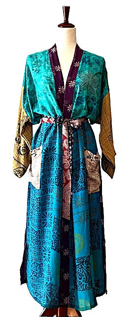 Luxurious Mixed Print Silk Kimono Duster. (Patchwork)
