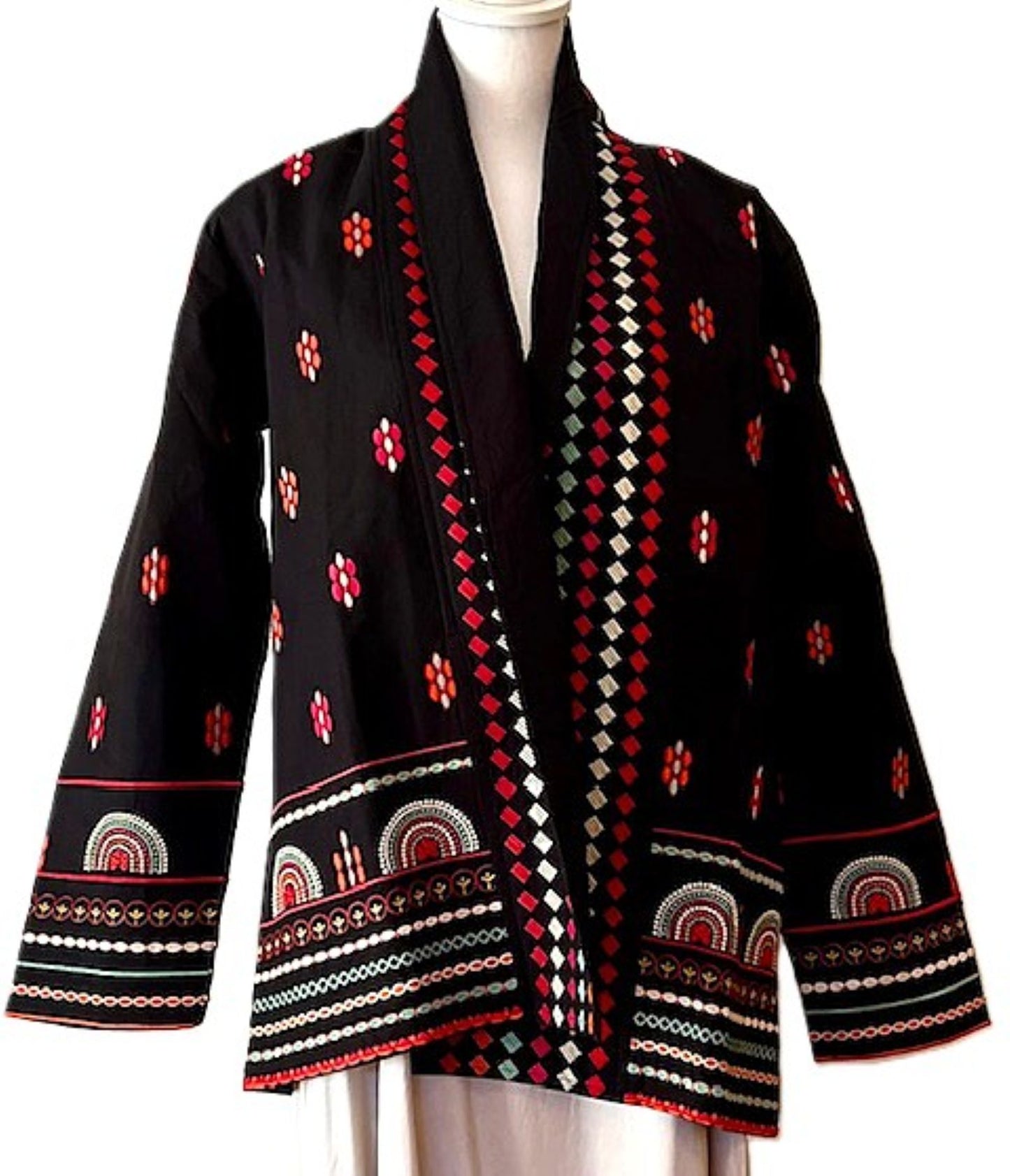 Wearable Art: Elaborate Hand Embroidered Short Jacket. Engineered Stitching (Black)