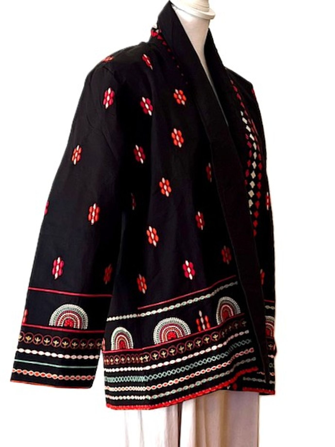 Wearable Art: Elaborate Hand Embroidered Short Jacket. Engineered Stitching (Black)