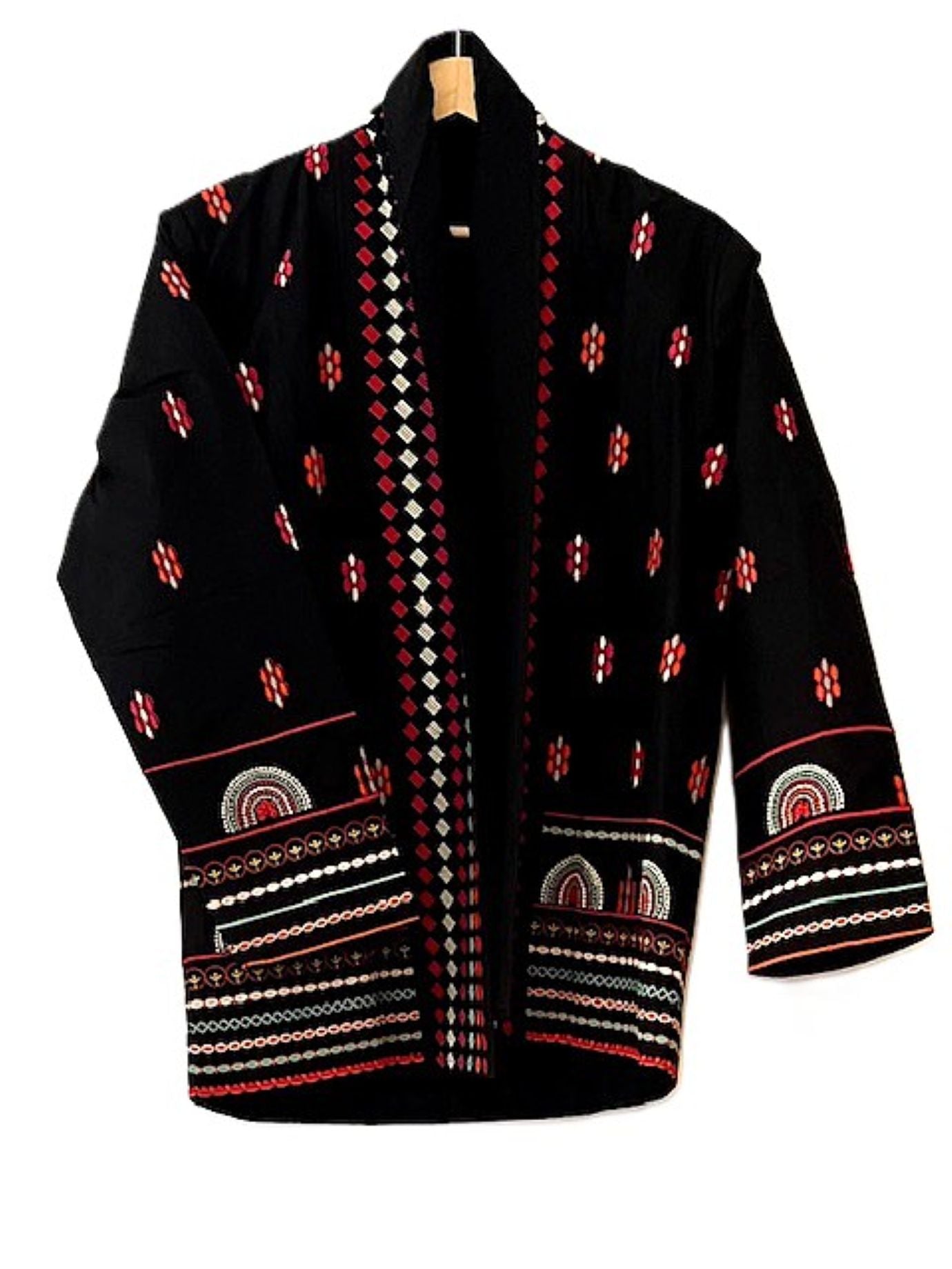 Wearable Art: Elaborate Hand Embroidered Short Jacket. Engineered Stitching (Black)