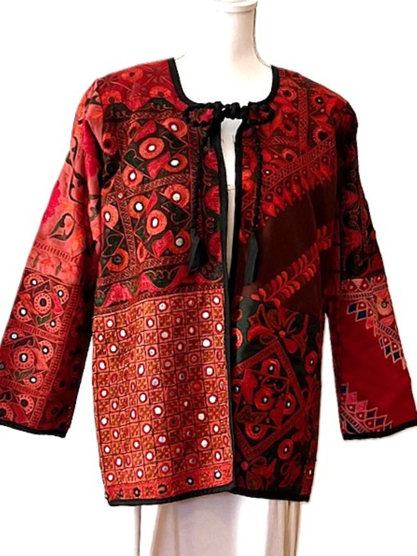 Elaborate Hand Embroidered Jacket With Embellishment And Neck Tie. (Red)