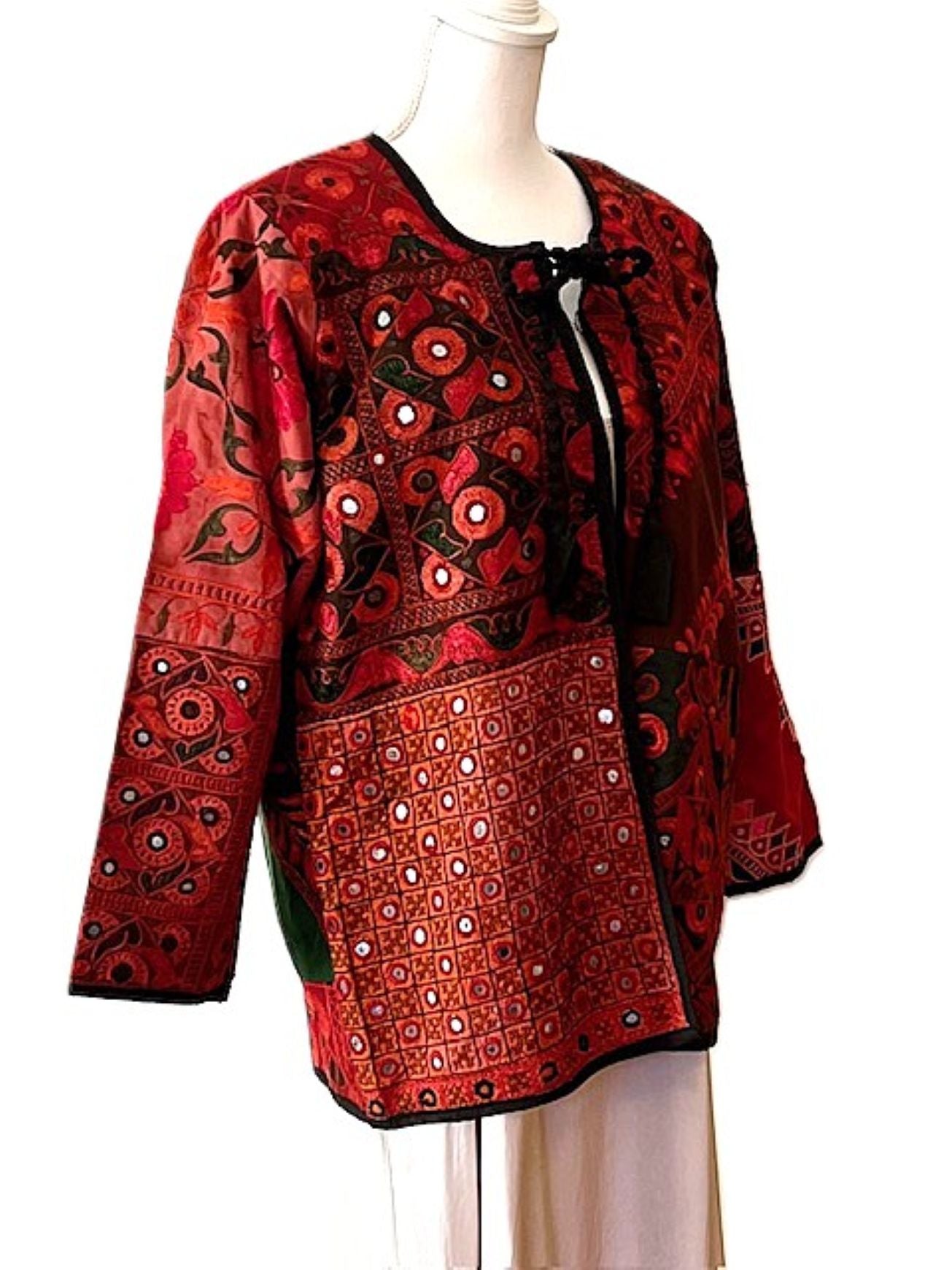 Elaborate Hand Embroidered Jacket With Embellishment And Neck Tie. (Red)