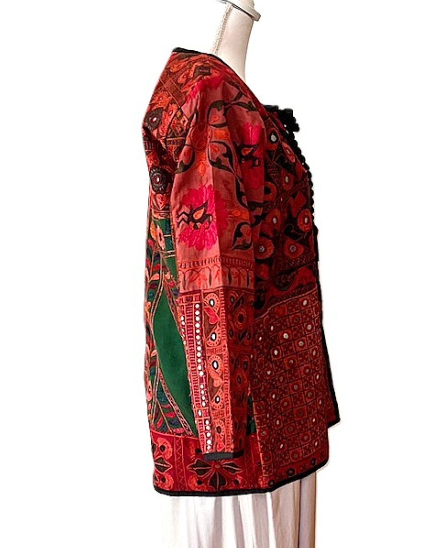 Elaborate Hand Embroidered Jacket With Embellishment And Neck Tie. (Red)