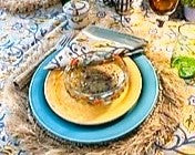 Block Print Set of Napkins and Tablecloth In a New Pattern in Navy, Marigold, White is Sophisticated