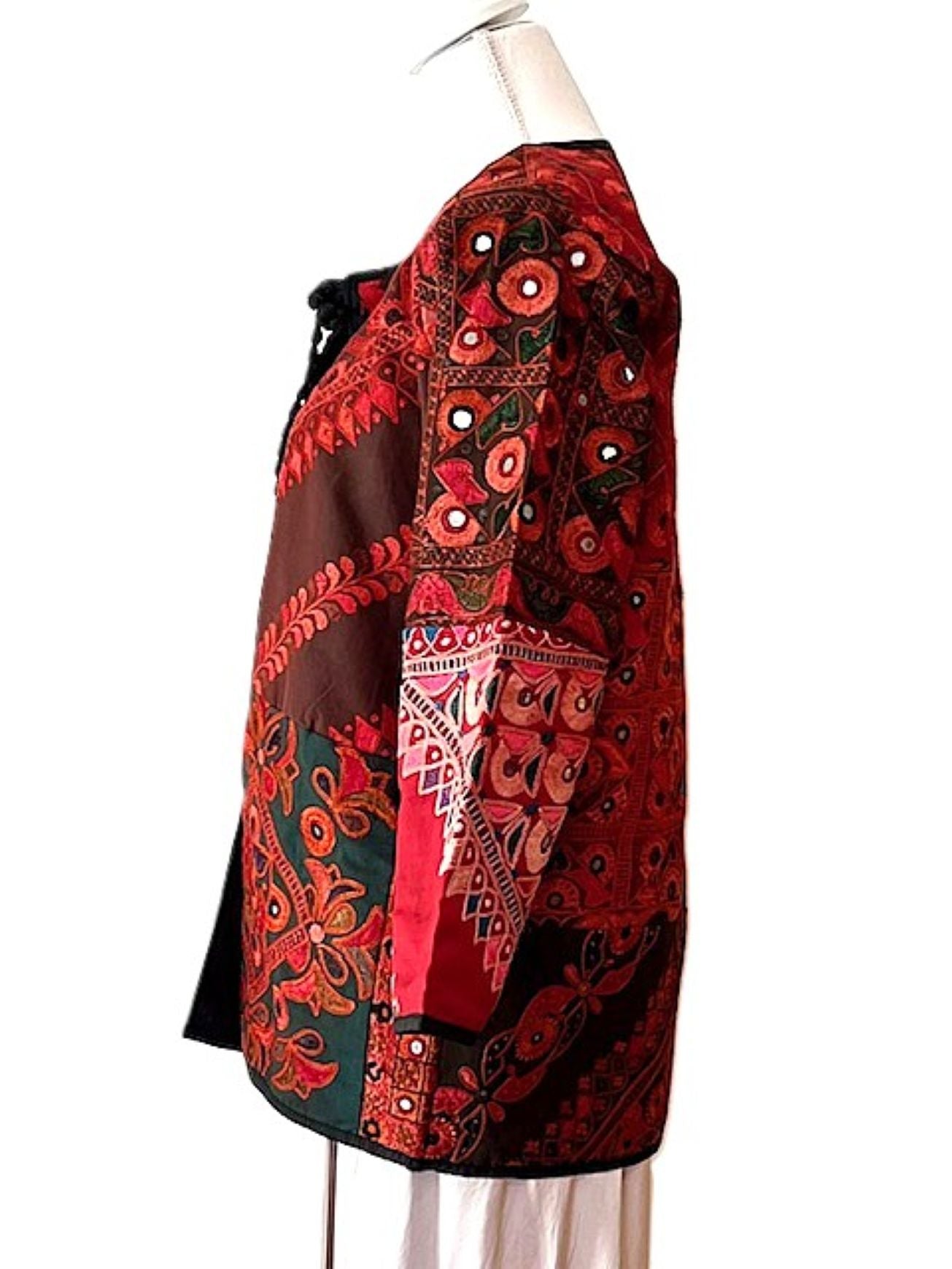 Elaborate Hand Embroidered Jacket With Embellishment And Neck Tie. (Red)