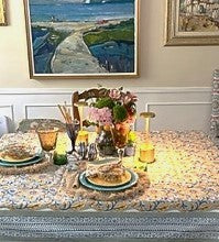 Block Print Set of Napkins and Tablecloth In a New Pattern in Navy, Marigold, White is Sophisticated