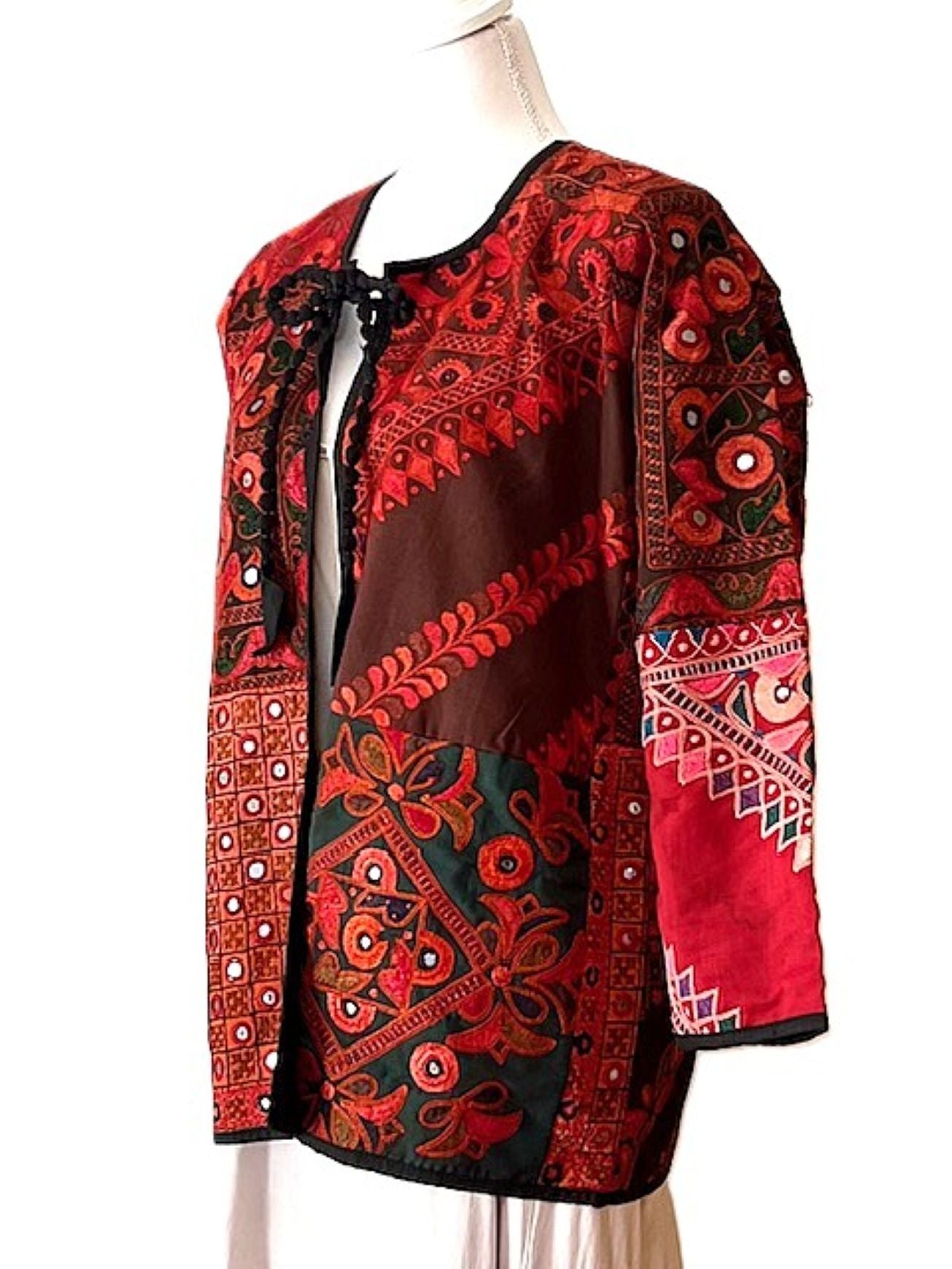 Elaborate Hand Embroidered Jacket With Embellishment And Neck Tie. (Red)