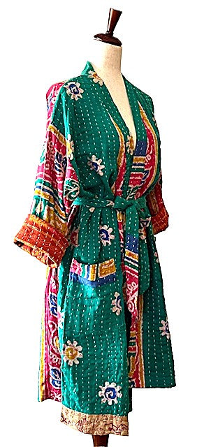 Short Fresh Colorful Print Cotton Kimono. Whimsical (Emerald)
